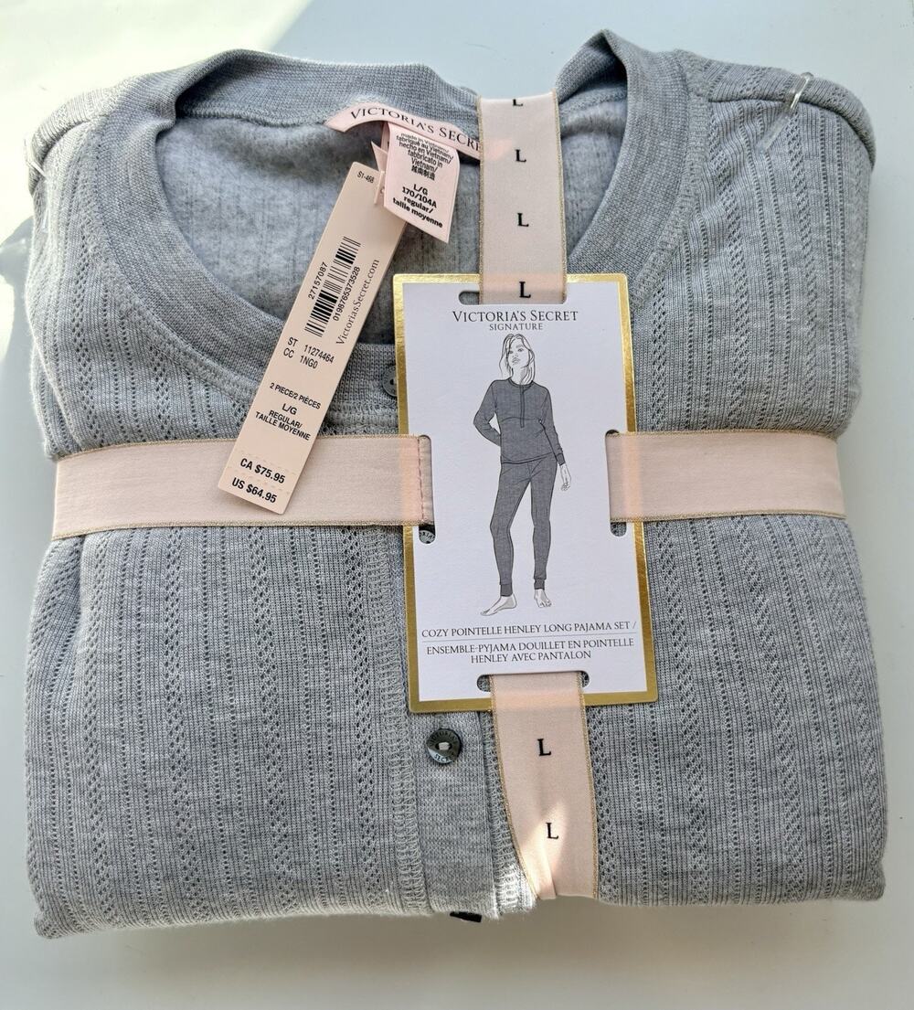 VICTORIA'S SECRET Cozy Pointelle Henley Long Pajama Set Size L Soft Gray NWT